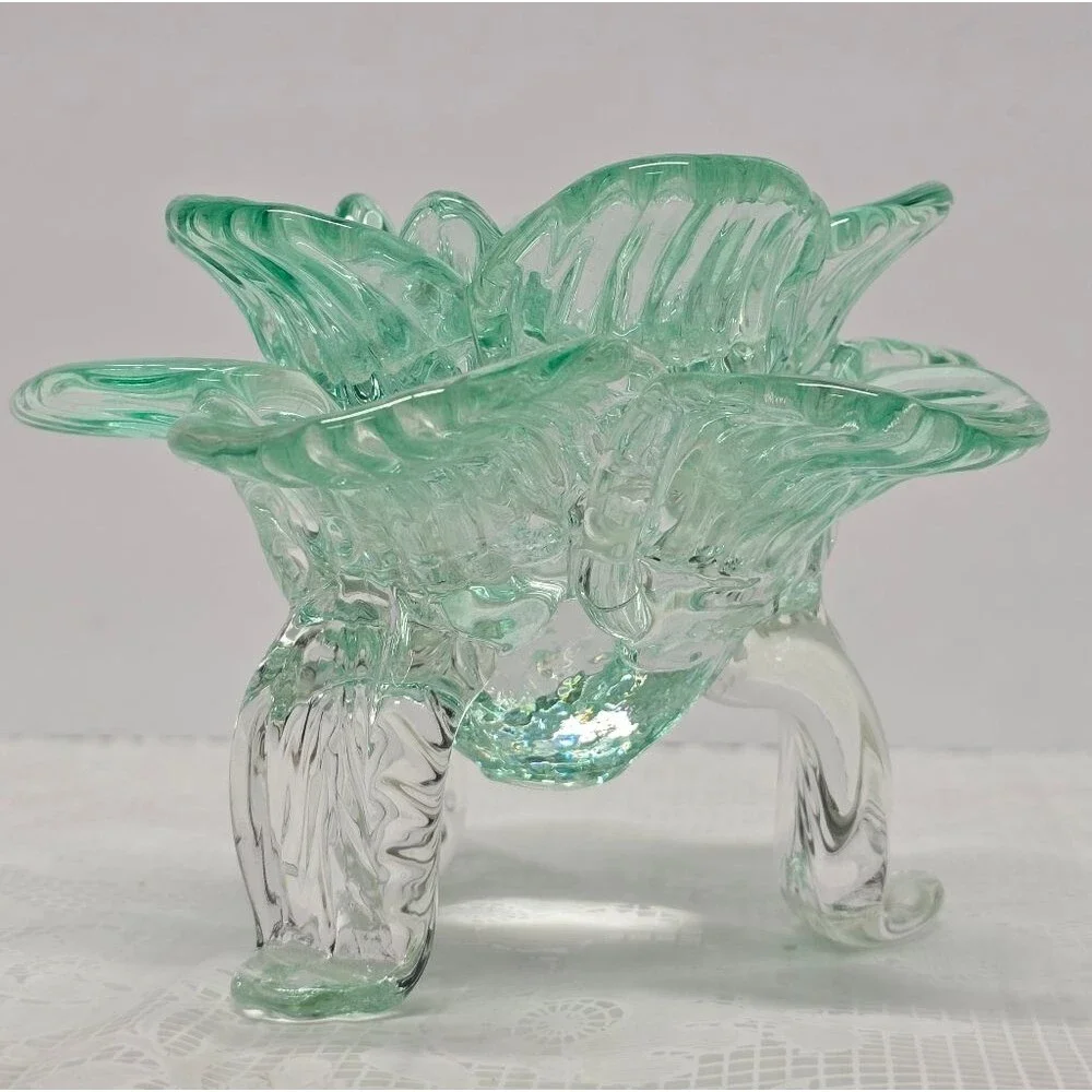 Vintage Teal Recycled Glass Footed Lotus Flower Candle Holder Art Deco Boho